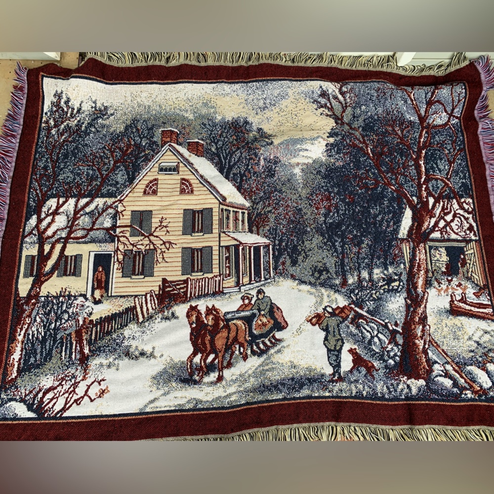 Vintage holiday/winter/Christmas themed woven tapestry